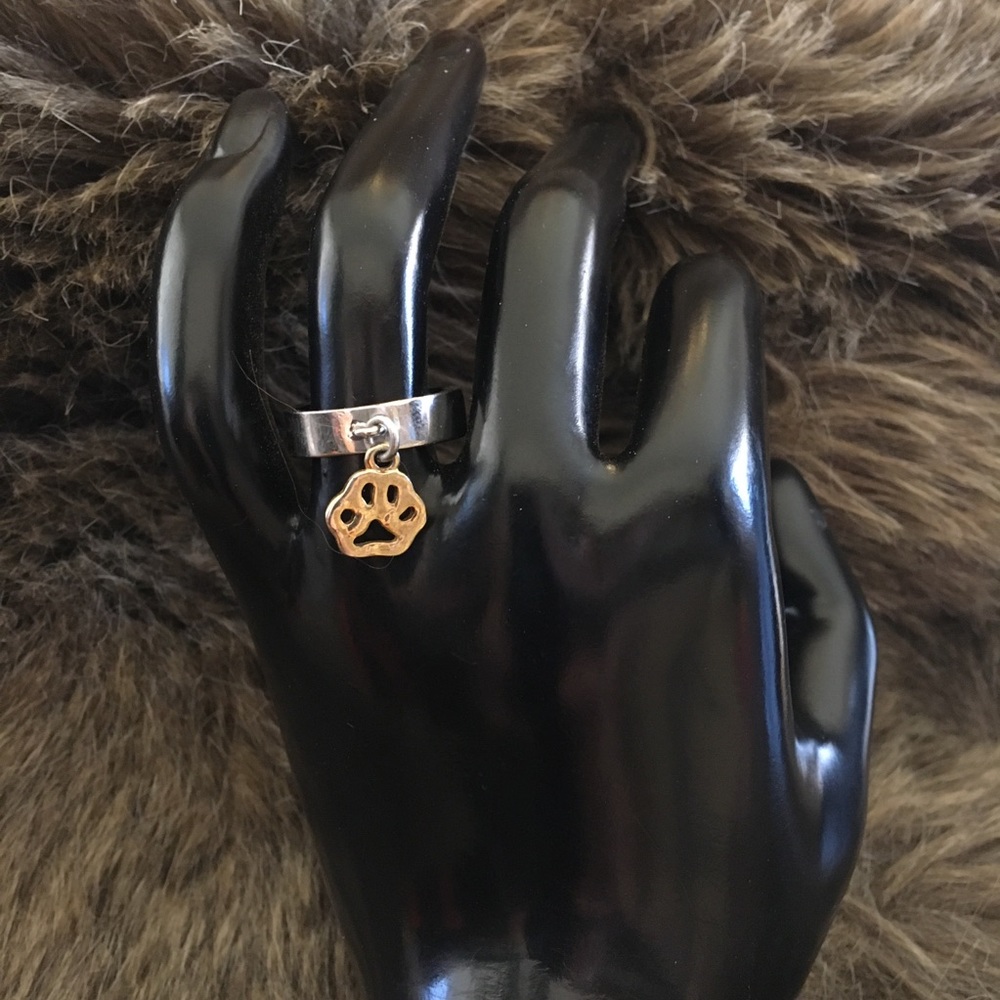 Silver band with gold paw print charm ring